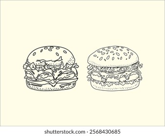 Set of hand drawn hamburger, burger. Set of doodle style hamburger, burger. Vector illustration