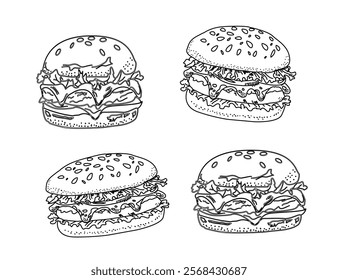 Set of hand drawn hamburger, burger. Set of doodle style hamburger, burger. Vector illustration