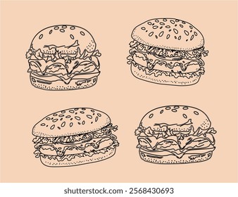 Set of hand drawn hamburger, burger. Set of doodle style hamburger, burger. Vector illustration