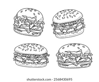 Set of hand drawn hamburger, burger. Set of doodle style hamburger, burger. Vector illustration