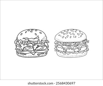 Set of hand drawn hamburger, burger. Set of doodle style hamburger, burger. Vector illustration