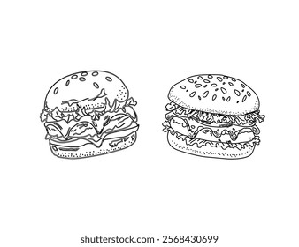 Set of hand drawn hamburger, burger. Set of doodle style hamburger, burger. Vector illustration