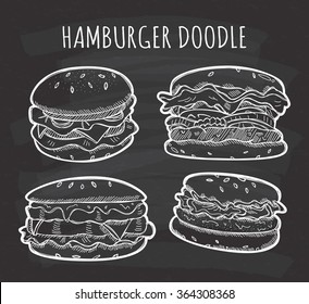 Set of hand drawn hamburger doodle on chalkboard background