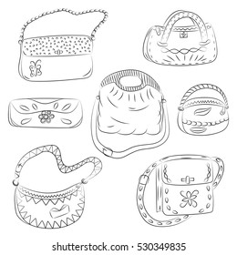 Set of Hand Drawn HandBags. Black Fashion bag silhouettes. Sketch Style. Vector Illustration.