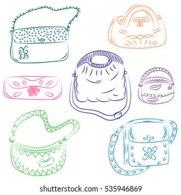 Set of Hand Drawn HandBags. Colorful Fashion bag silhouettes. Sketch Style. Vector Illustration.