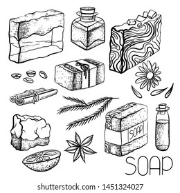 Set of hand drawn handmade soaps and ingredients for soap making. Hand soap, cinnamon, coffee, oil, orange, juniper, calendula. Vector sketch drawing for recipes, card and your design