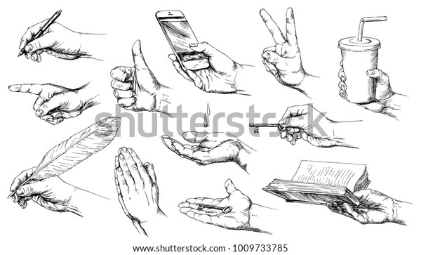 Set of hand drawn\
hands.