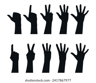 Set of Hand drawn hands counting numbers. Variations of counting fingers silhouettes. Vector illustration