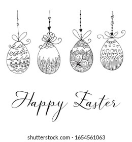 Set of hand drawn hanging Easter ornamental eggs. Doodle vector illustration in cute zen art style. For Happy Easter greeting card, poster and seasonal design. Isolated on white background.