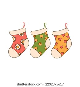 Set of hand drawn hanging gifts sock in cartoon groovy style isolated on white background. Design element for Christmas and New year decoration. Vector illustration.