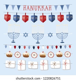 Set of hand drawn Hanukkah decorative strings, borders, web banners with Jewish symbols. Dreidel toys, apples, doughnuts, Chanukia candle holders and party bunting flags. Isolated vector objects. 