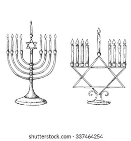 Set of hand drawn Hanukkah elements. Sketch. Israel festival of light. Vector illustration. Menorah.