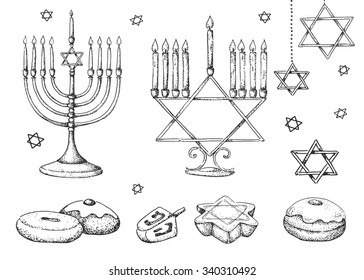 Set of hand drawn Hanukkah elements. Sketch. Israel festival of light. Vector illustration. Menorah, sweets.