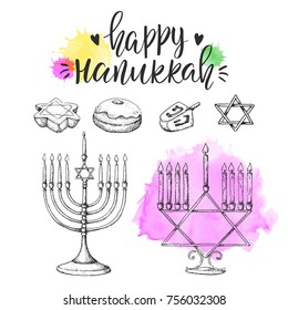 Set of hand drawn Hanukkah elements. Sketch. Israel festival of light. Vector illustration. Menorah, sweets, dreidel. Handwriting inscription. Modern brush lettering.