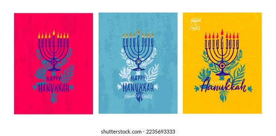 Set of hand drawn Hanukkah greeting cards. Template print for posters, invitations, holiday cards. Happy Hanukkah. Festival of lights. Calligraphy banners in vintage colors. Vector illustration.