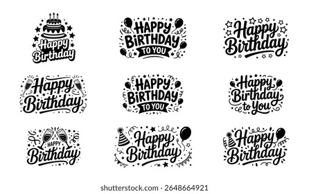 Conjunto de desenhos desenhados à mão feliz aniversário lettering desenhos com elementos de celebração ilustração vetor

