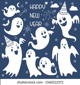 Set of hand drawn Happy New Year with ghost. Vector illustration