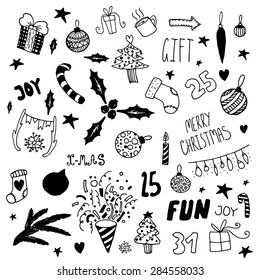 Set of hand drawn happy new year doodle elements. Unique vector icons.