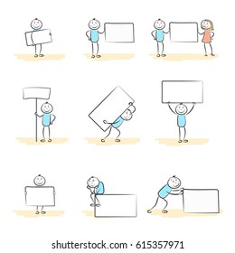 set hand drawn happy people white board sign. Doodle miniature scenes. Hand drawn vector illustration for web design and infographic.