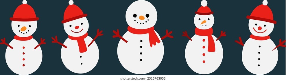 Set of hand drawn happy and smiling cute snowman. Collection of winter season, Christmas character vector icons.
