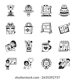 Set of Hand Drawn Happy Teacher Day Icons 
