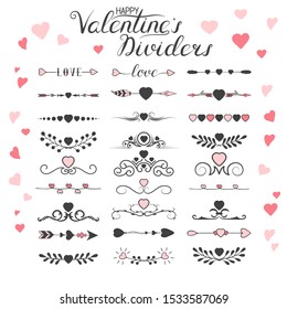 Set of hand drawn happy valentines dividers for wedding and love cards. Vector isolated romantic calligraphic text underlines with hearts.