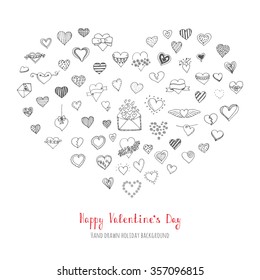 Set of hand drawn Happy Valentine's Day symbols and icons Sketchy Hearts envelopes with hearts Love sign Doodle elements collection Valentine vector illustration Stylized cartoon heart different style