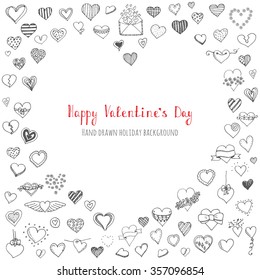 Set of hand drawn Happy Valentine's Day symbols and icons Sketchy Hearts envelopes with hearts Love sign Doodle elements collection Valentine vector illustration Stylized cartoon heart different style