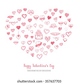 Set of hand drawn Happy Valentine's Day symbols and icons Sketchy Hearts, envelopes with hearts Love sign Doodle elements collection Valentine vector illustration Stylized cartoon heart