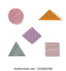 Set of hand drawn hatched geometric shapes. Shaded circle, triangles, rhomb and square. Isolated vector illustration 