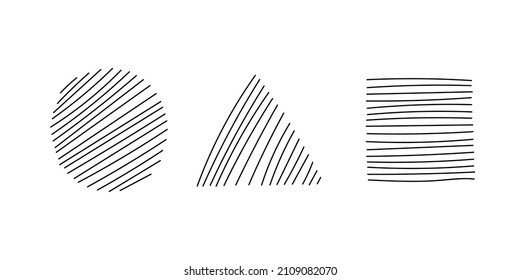 Set of hand drawn hatched geometric shapes. Shaded circle, triangle and square. Isolated vector illustration