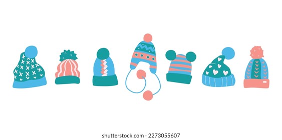 Mit handgezeichneten Hüten mit Pompons versehen. Vektorgrafik. Einzeln auf weißem Hintergrund.