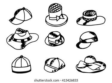 A set of hand drawn hats. Vector illustration.