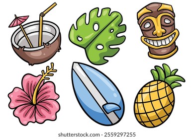 Set of Hand drawn hawaii element. collection of coconut, monstera, tiki mask, hibiscus, surfboard, pineapple Isolated Vector