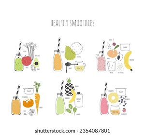 Set of hand drawn healthy smoothie recipes. Doodle vegetables, fruits and berries.