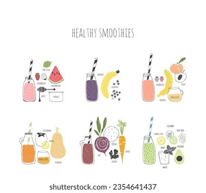 Set of hand drawn healthy smoothie recipes. Doodle vegetables, fruits and berries. Vitamin cocktail.