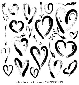 Set of hand drawn heart and arrows isolated on white background. Symbol of love. Illustration by brush. Hearts for Valentines Day.