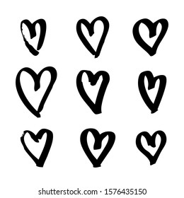 Set of hand drawn heart. Black hearts isolated on white. Marker line, vector illustration.