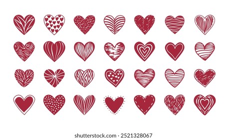 Conjunto de corazón dibujado a mano. Marcadores de garabatos de colección corazones aislados sobre fondo blanco. Ilustración vectorial para impresión, chatarra, Diseño gráfico, Web y otros.