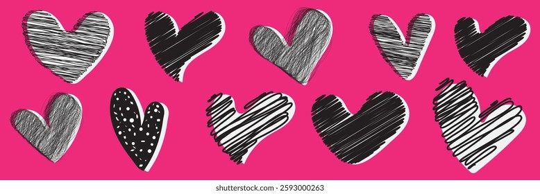 Set of hand drawn heart. collection scribble markers hearts isolated on white background. Vector illustration for print, scrap booking, graphic design, web and other.