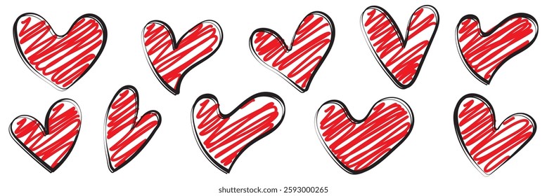 Set of hand drawn heart. collection scribble markers hearts isolated on white background. Vector illustration for print, scrap booking, graphic design, web and other.