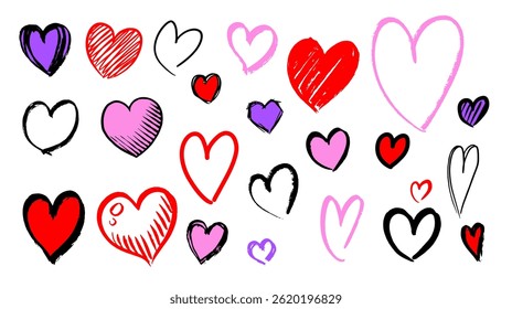 Set of hand drawn heart. collection scribble markers hearts isolated on white background. Vector illustration for print, scrap booking, graphic design, web and other.