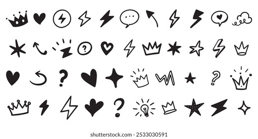 Conjunto de corazón dibujado a mano, icono de estrellas de la corona colección