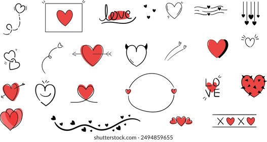 Set of hand drawn heart doddle design set, love shape collection,Types of heart vector isolated set,cute heart drawings.