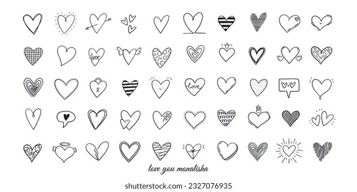Un conjunto de garabatos de corazón dibujados a mano. La mano dibujó corazones de marcadores ásperos aislados en el fondo blanco. Ilustración vectorial para su diseño gráfico