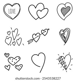 Set of Hand Drawn Heart Doodles, Love Outline and Charming Isolated white Background
