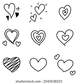 Set of Hand Drawn Heart Doodles, Love Outline and Charming Isolated white Background
