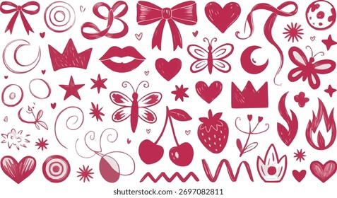 Conjunto de garabatos de corazón dibujados a mano con Elementos lindos, románticos y juguetones de estilo sketch. Grande para el día de San Valentín, invitaciones de boda, tarjetas de felicitación, 