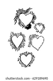 Set of Hand drawn heart frame with doodle floral. Sketchy style.