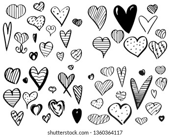 Set of hand drawn heart. Handdrawn black hearts isolated on white background. Vector doodle illustration for graphic design